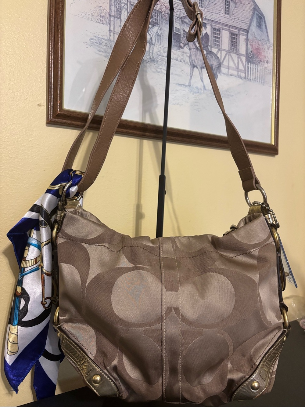 Coach Carly Brown Signature Hobo Bag with Blue Accent Scarf. 2008